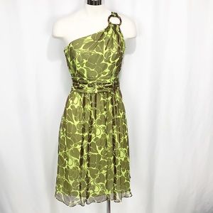 Milly Chartreuse & Brown Silk One Shoulder Dress 4